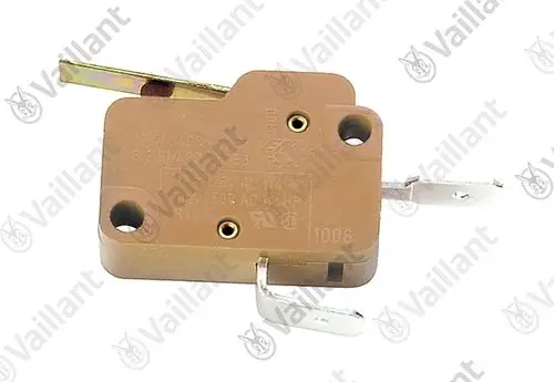Vaillant Mikroschalter in braun mit zwei Anschlussklemmen und einem Hebelmechanismus, montiert zur Verwendung in Heizsystemen.